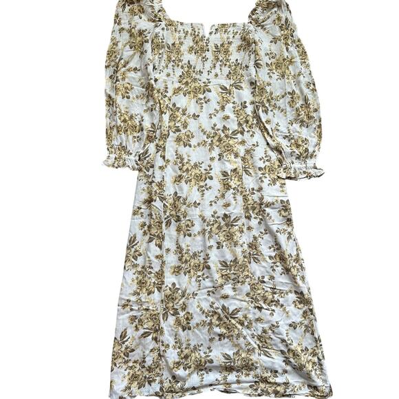 Free People Jaymes Cream Floral Printed Smocked V Neck Long Sleeve Midi Dress- M - Picture 3 of 12